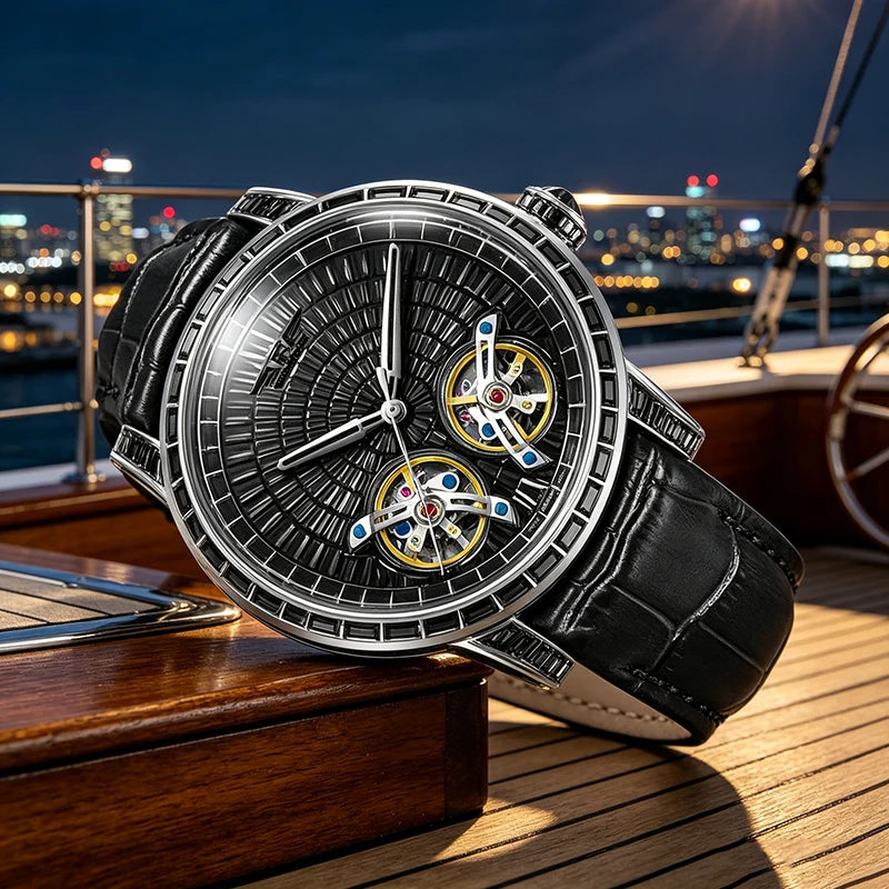 PINDU Montre Automatique Homme Double Tourbillon Saphir Acier 45mm Couronne Vissée – CLEVI Paris