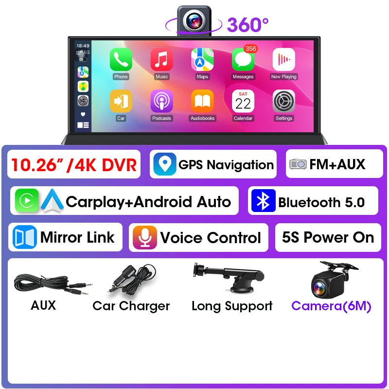 Écran CarPlay Android Auto Portable 10,26" – Dashcam 4K Objectif Rotatif Bluetooth Radio Universel – CLEVI Paris