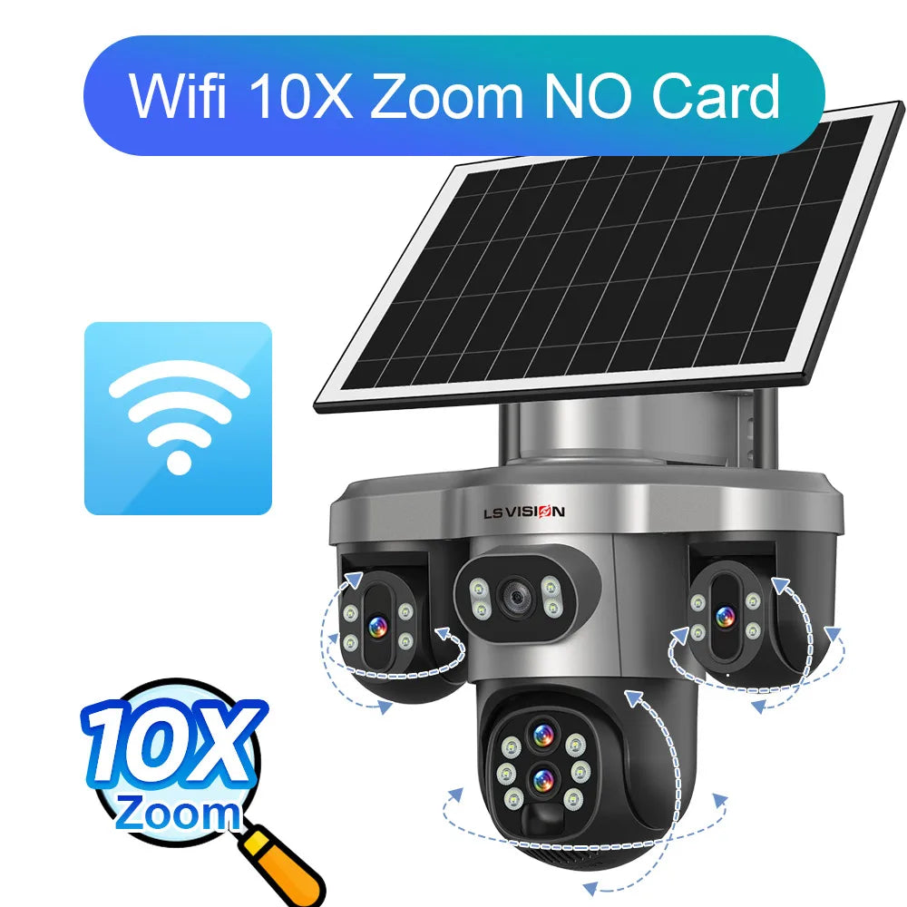 Caméra Solaire LS VISION 20MP 4 Objectifs 3 Écrans PTZ Zoom 10x 4G/Wi-Fi IP66 V380 Pro – CLEVI Paris