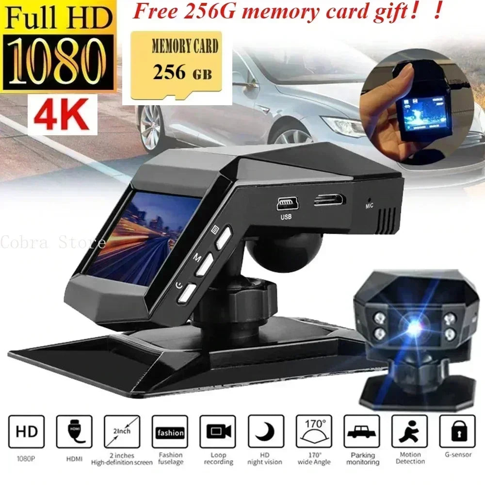 Dashcam 4K Full HD 1080P – Grand Angle 170°, Vision Nocturne, Enregistrement en Boucle – Carte 256Go Offerte