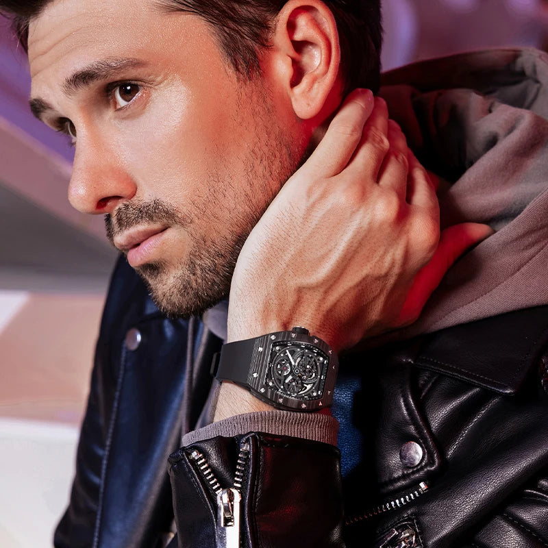 Montre BONEST GATTI BG-9004 – Tourbillon Automatique, Lunette Fibre de Carbone, Tonneau 46 mm, Squelette, Bracelet Fluoroélastomère, Étanche 5 ATM – CLEVI Paris