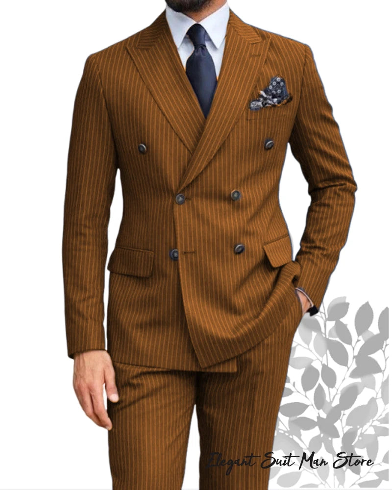Costume 2 Pièces Homme Rayures Double Boutonnage – Blazer Slim + Pantalon | Business & Mariage | XXS-7XL