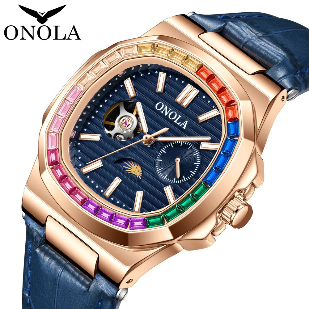 Montre ONOLA ON3855CH – Mécanique Automatique Squelette, Diamants, Bracelet Cuir, Étanche 3 ATM – CLEVI Paris