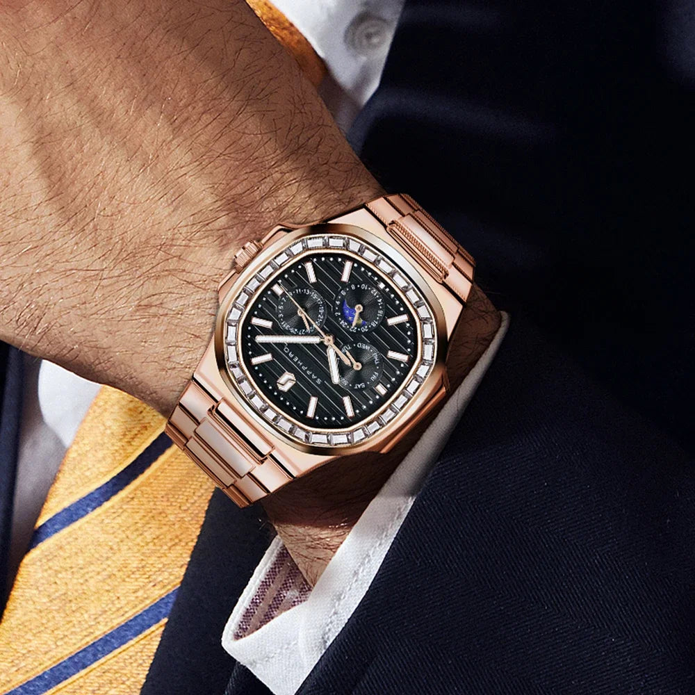 Montre SAPPHERO SO2201 – Quartz Or Rose, Cadran Diamant, Acier Inoxydable 40 mm, Aiguilles Lumineuses, Anti-Magnétique, Étanche 3 ATM – CLEVI Paris