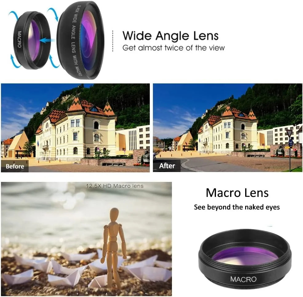 Kit Objectifs 2-en-1 Smartphone – Grand Angle 0,45x & Macro, Clip Universel, Compatible iPhone & Android – CLEVI Paris