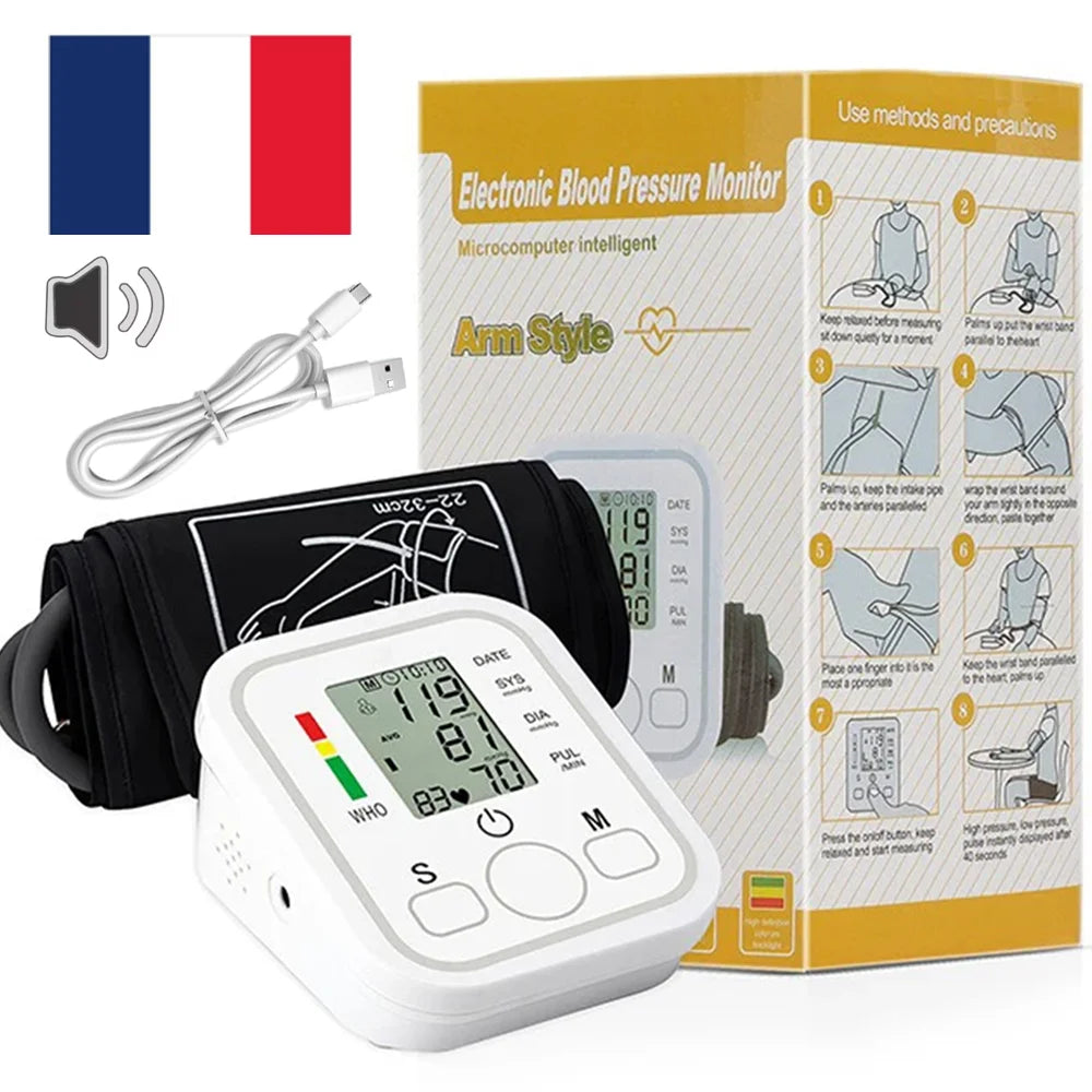 Tensiomètre Bras Automatique Vocal LCD Fréquence Cardiaque – CLEVI Paris