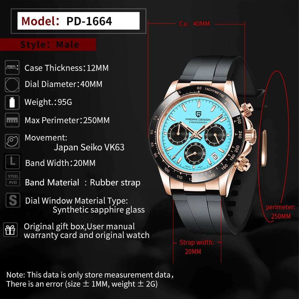 PAGANI DESIGN PD-1664 Montre Homme Chronographe Quartz Cadran Météorite Verre Saphir 10 ATM Lumineux 7 Coloris – CLEVI Paris