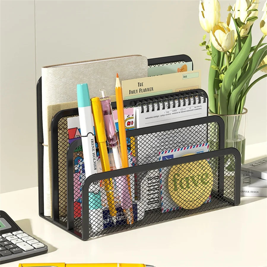 Organiseur de Bureau Métal 3 Niveaux | Porte-Documents Grille, Noir & Blanc, Bureau & École – CLEVI Paris