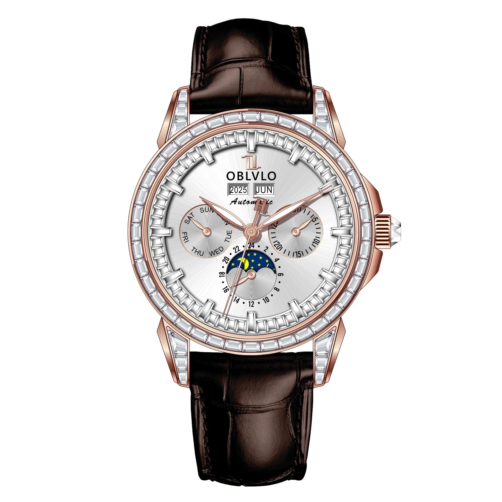 Montre Automatique Phase de Lune | Zircon Multicolore Bracelet Cuir – CLEVI Paris