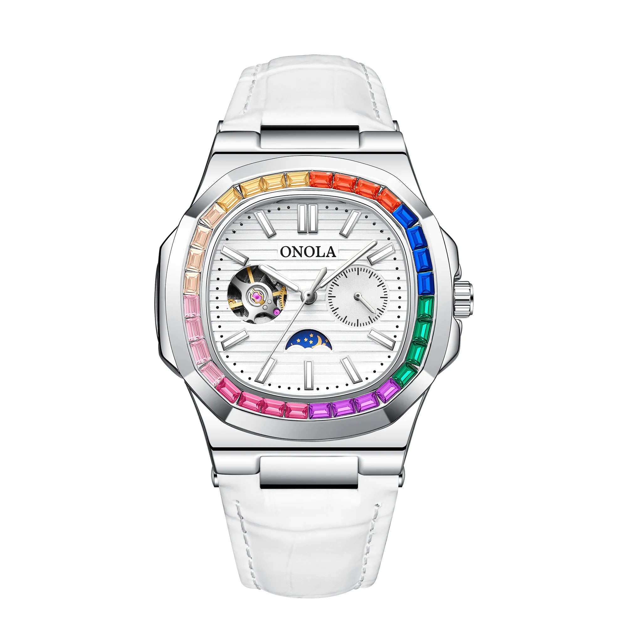 Montre ONOLA ON3855CH – Mécanique Automatique Squelette, Diamants, Bracelet Cuir, Étanche 3 ATM – CLEVI Paris