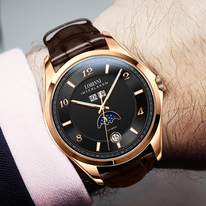 Montre Homme LOBINNI 40mm Automatique Calendrier Verre Saphir Bracelet Cuir – CLEVI Paris