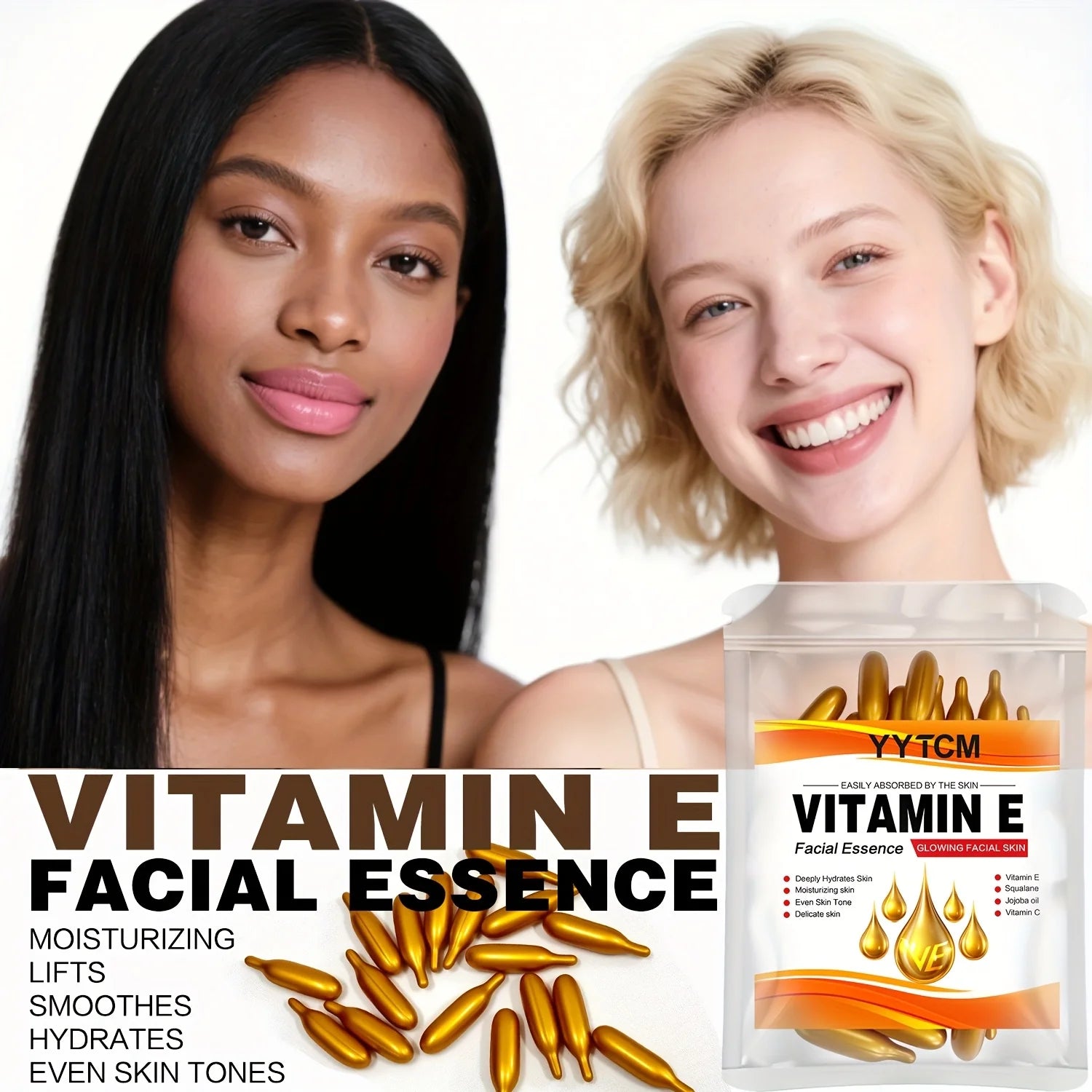 Capsules Essence Vitamine E & Squalane – Hydratation Profonde, Éclat & Lissage de la Peau