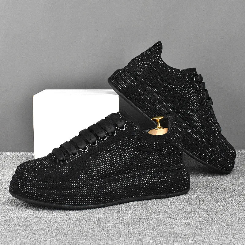 Sneakers Plateforme Homme Cuir Véritable & Strass – Style Punk Hip-Hop, Lacets – CLEVI Paris