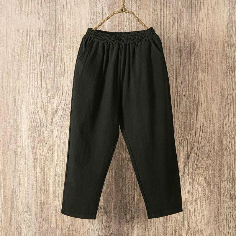 Sarouel Femme Coton Lin Casual Loose Taille Élastique Été – CLEVI Paris