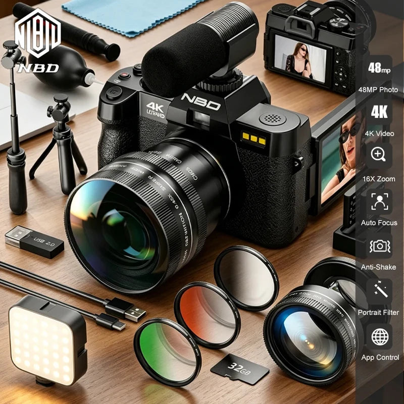Appareil Photo NBD S100 4K 48MP – Style Rétro, Écran 3" 180°, Grand Angle 120° + Macro, WiFi, Webcam, SD 32 Go Incluse – CLEVI Paris