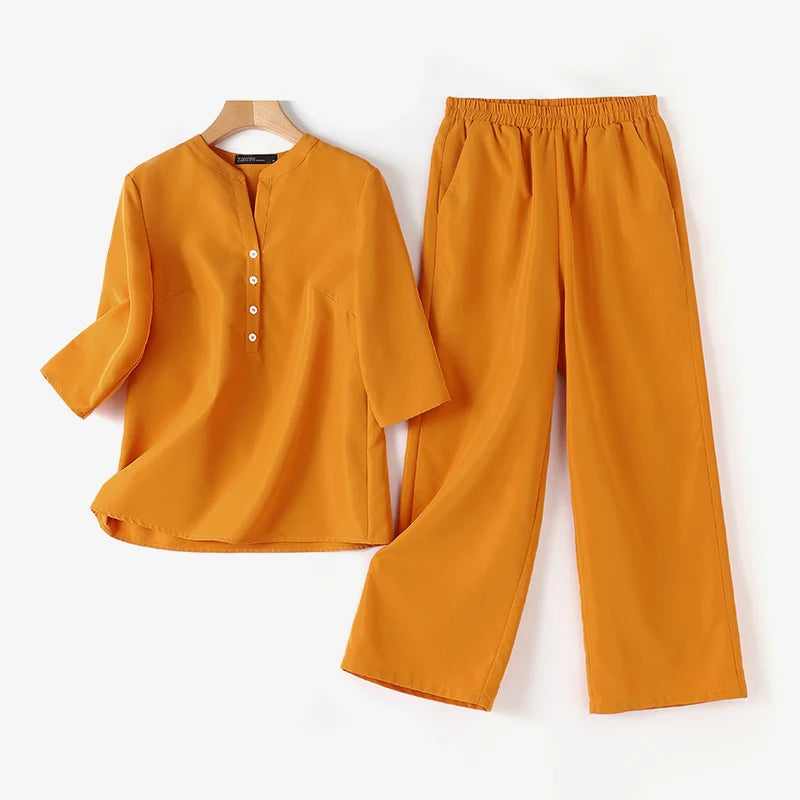 Ensemble 2 Pièces Femme Blouse Col V Manches 3/4 + Pantalon Large Taille Haute Casual Chic – CLEVI Paris