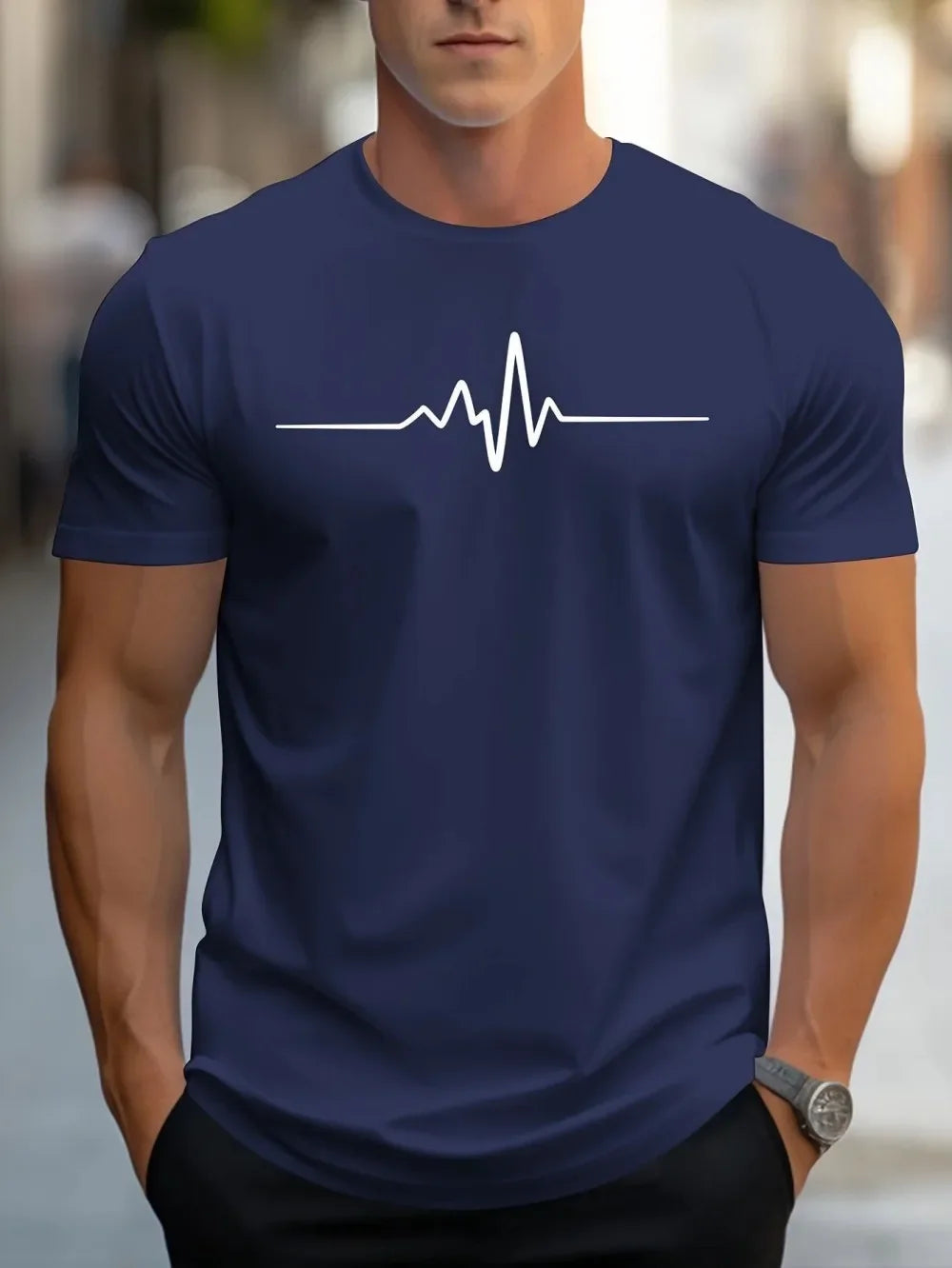 T-Shirt Homme Imprimé 3D Heartbeat – Graphique, Col Rond, Manches Courtes, Grande Taille