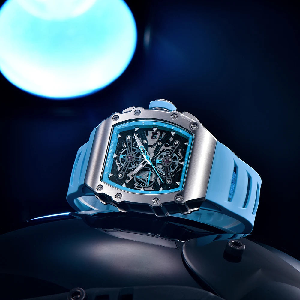 Montre PAGANI DESIGN PD-YS011 – Quartz Chronographe Racing, Verre Saphir, Acier Inoxydable Tonneau, Bracelet Silicone, Étanche 5 ATM – CLEVI Paris