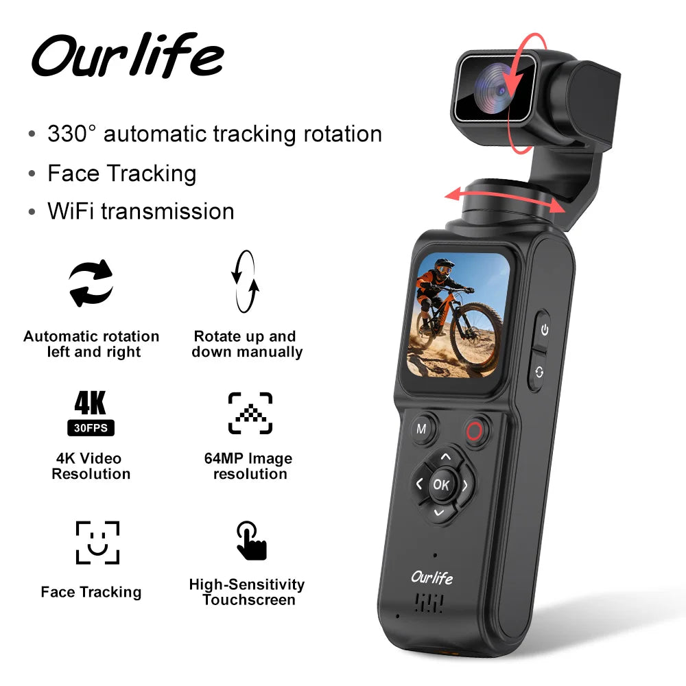 Caméra Sport 4K Ourlife M105 – Suivi Facial 330°, Gimbal, Écran Tactile 1,72" & 64 MP – CLEVI Paris