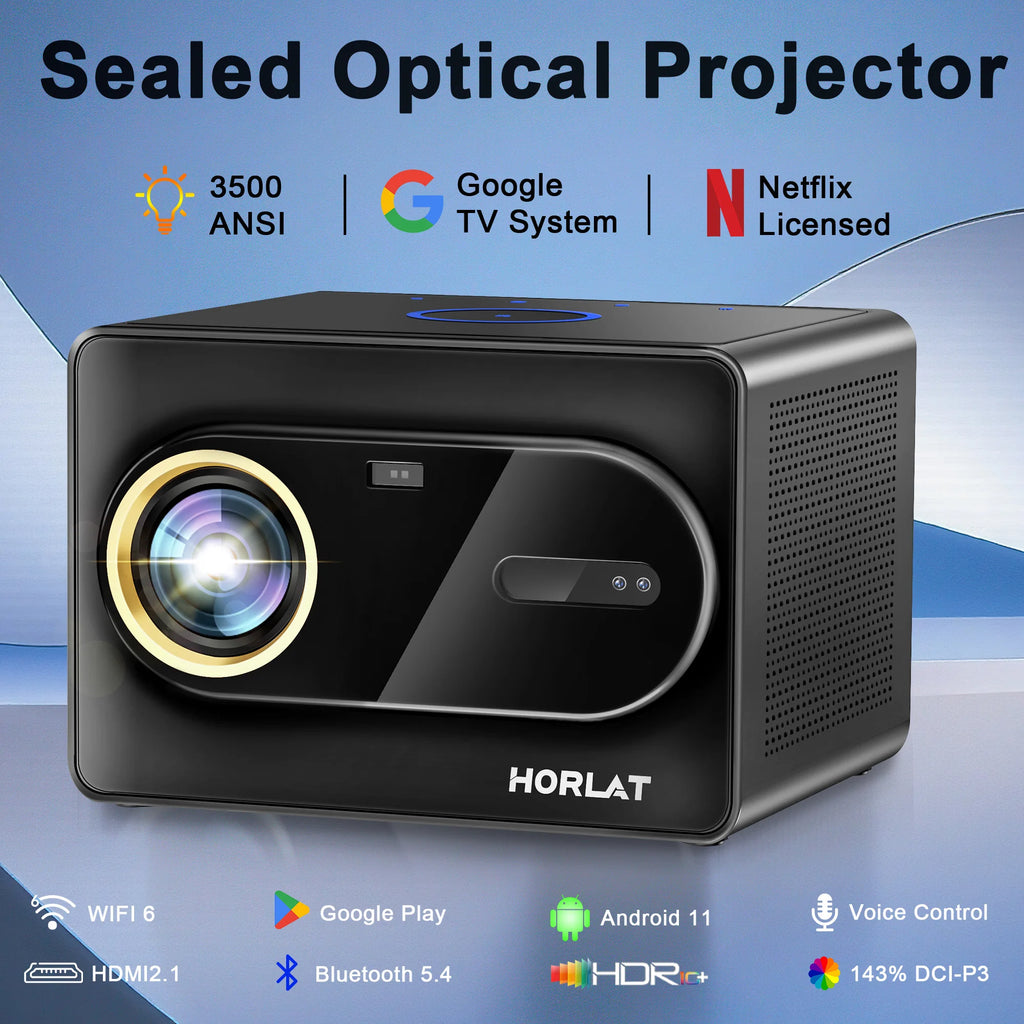 HORLAT X04 GTV Projecteur Google TV Android 14 1080P 4K 3500 ANSI Optique Fermée WiFi 6 BT 5.4 Son 30W – CLEVI Paris