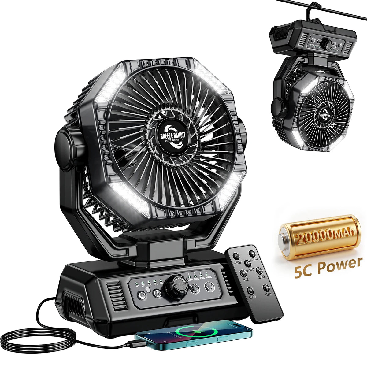 Ventilateur de camping 20000 mAh, LED, télécommande – CLEVI Paris
