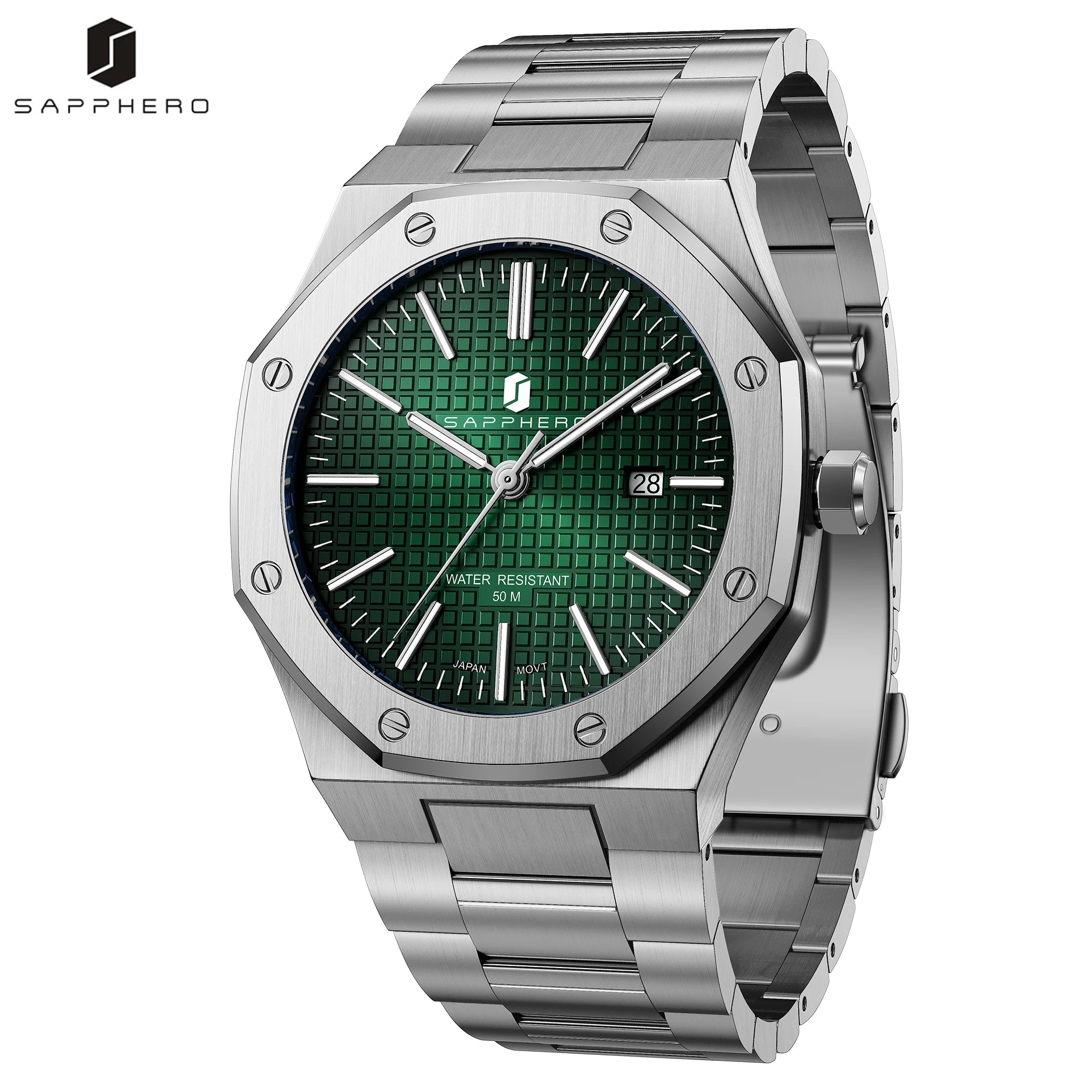 Montre SAPPHERO SO2110 – Quartz Seiko TMI PC32, Acier 316L, Cadran Octogonal, Date, Aiguilles Lumineuses, Étanche 5 ATM – CLEVI Paris