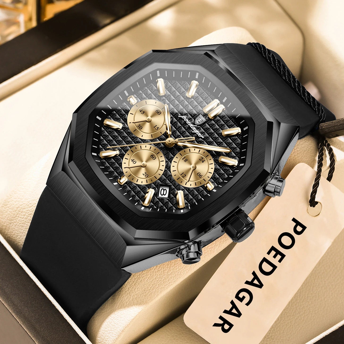POEDAGAR Montre Quartz Homme Chronographe Carré Silicone Lumineux Date Auto – CLEVI Paris
