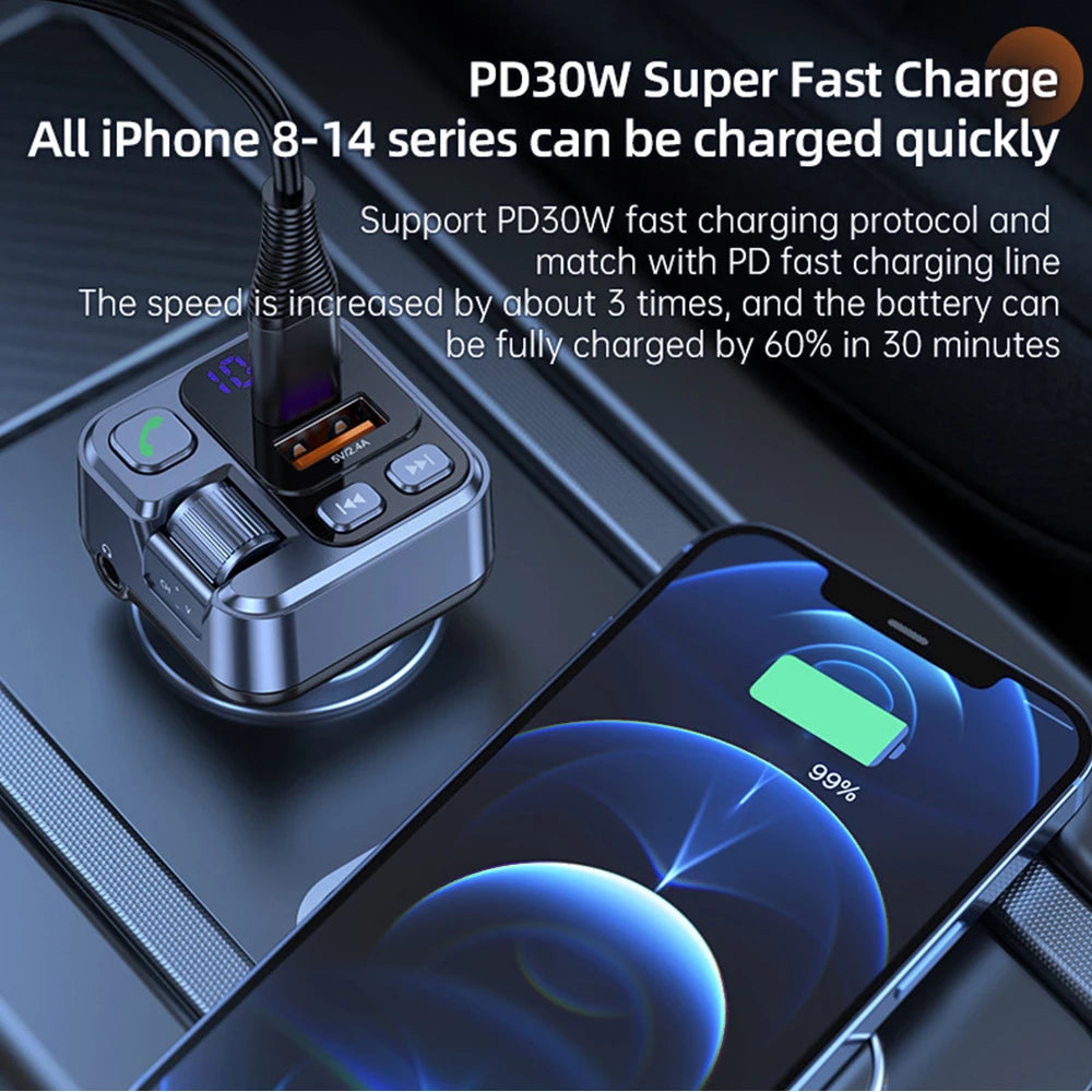 Émetteur FM Bluetooth 5.1 Voiture – Charge Rapide 30W PD USB-C Lecteur MP3 Mains Libres AUX 12-24V – CLEVI Paris