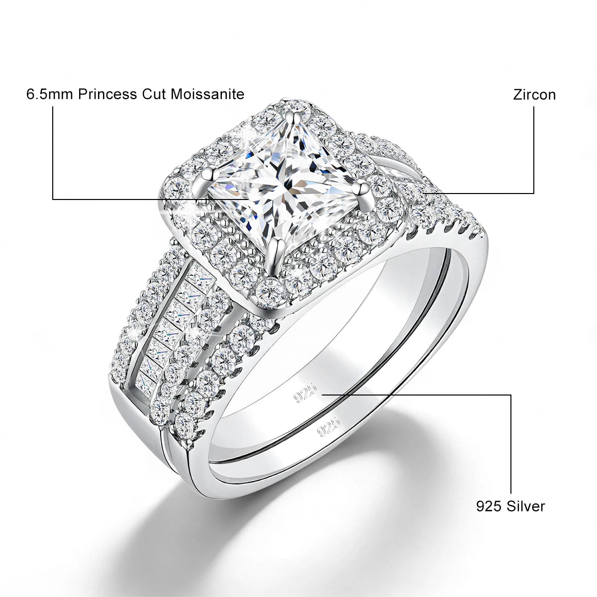 Coffret 2 Bagues Fiançailles Femme – Moissanite Taille Princesse 1,5CT Argent 925