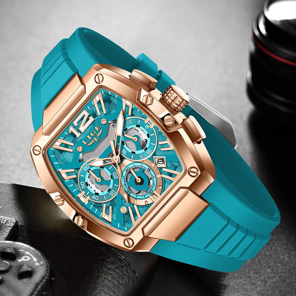 LIGE Montre Quartz Homme Chronographe Carré Sport Militaire Silicone Calendrier – CLEVI Paris