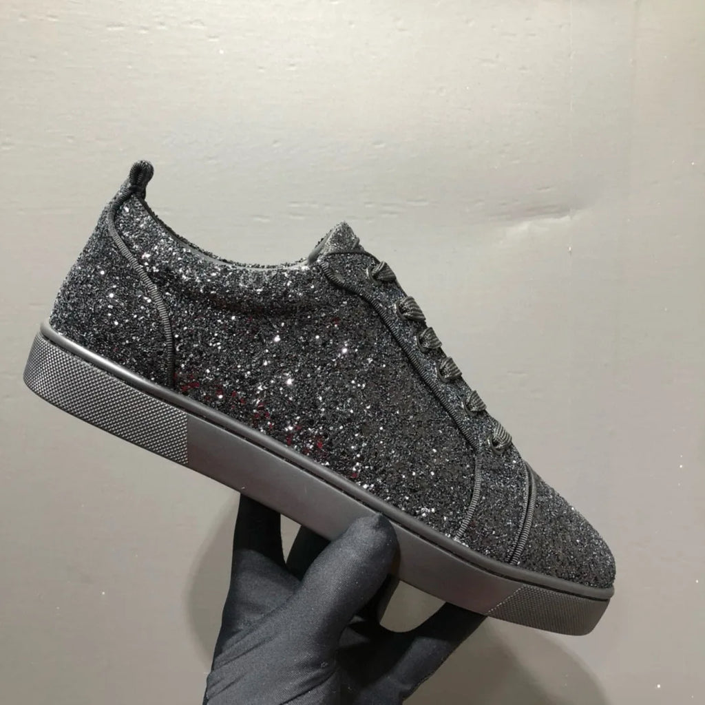 Sneakers Basses Luxe Homme Cuir Glitter Noir Semelle Rouge – CLEVI Paris