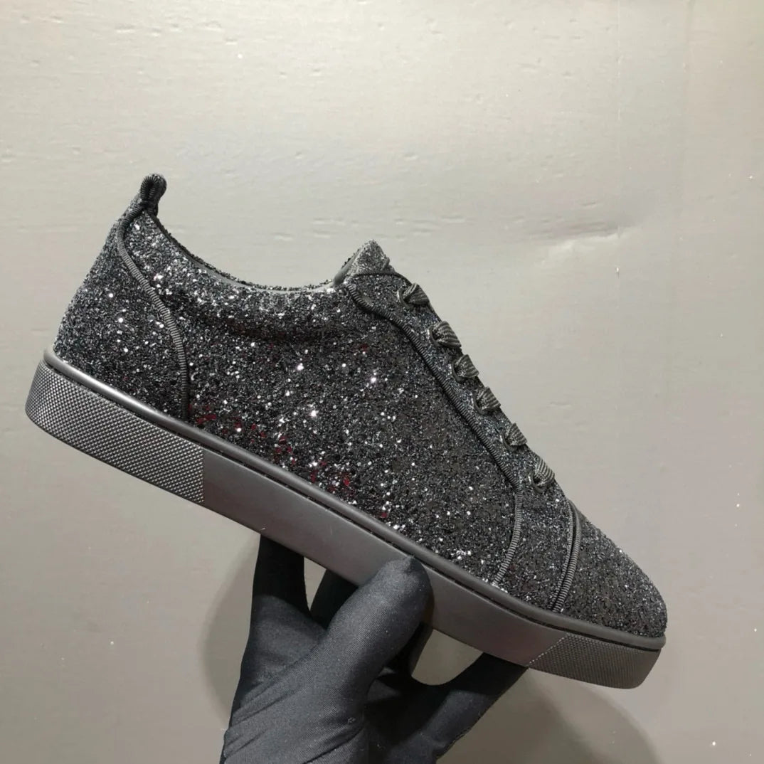 Sneakers Basses Luxe Homme Cuir Glitter Noir Semelle Rouge – CLEVI Paris