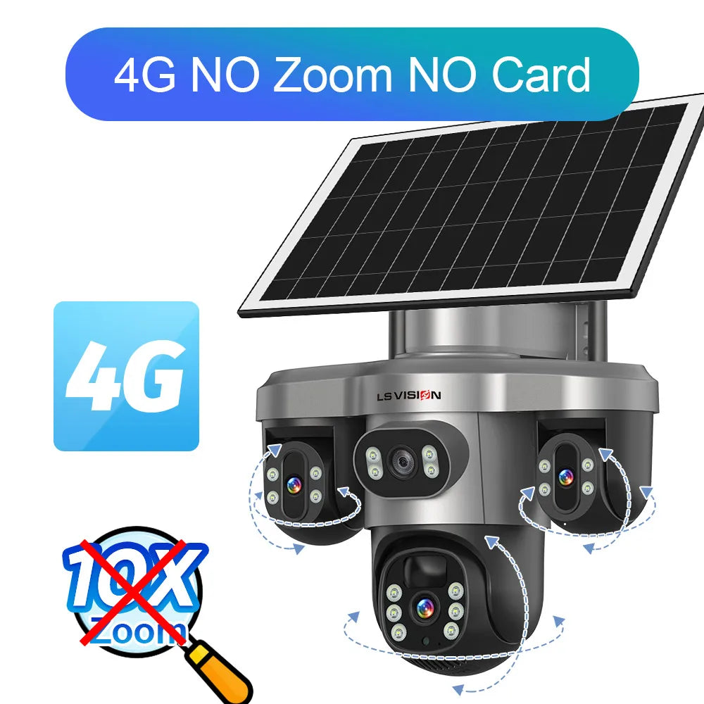 Caméra Solaire LS VISION 20MP 4 Objectifs 3 Écrans PTZ Zoom 10x 4G/Wi-Fi IP66 V380 Pro – CLEVI Paris