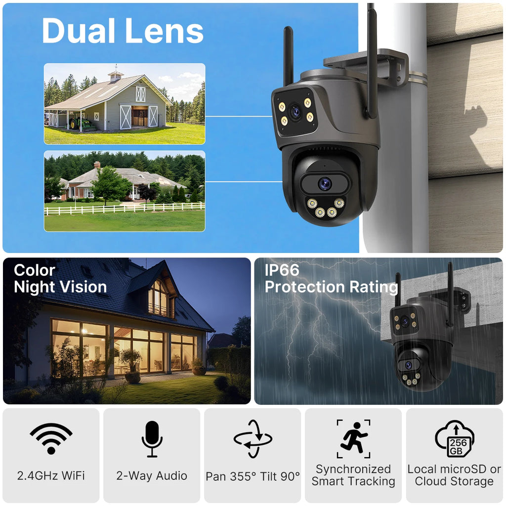 Pack Caméras IP WiFi Double Objectif 6MP PTZ – Détection Humaine Vision Nocturne Couleur IP66 ICSee – CLEVI Paris