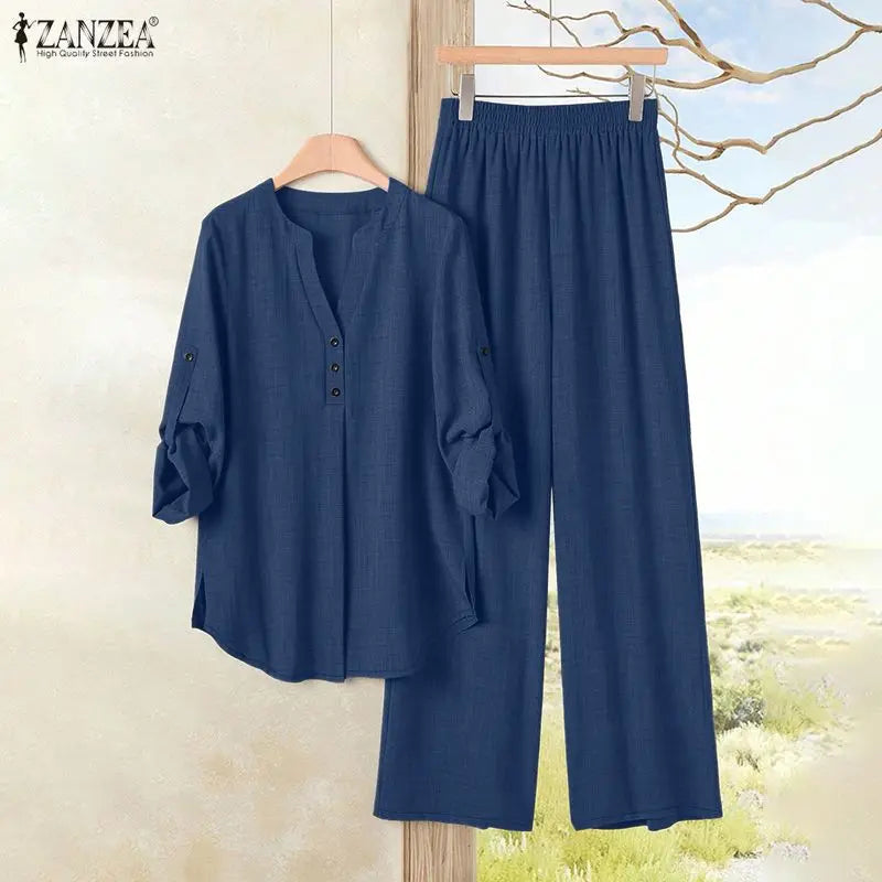Ensemble 2 Pièces Femme Blouse Col V Manches Longues Demi-Boutonnée + Pantalon Large Taille Mi-Haute Élastique Casual Bohème Marron Clair Bleu Noir – CLEVI Paris