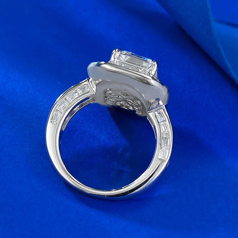 Bague Fiançailles Saphir Lab Taille Émeraude 8×12mm | Diamant Haute Carbone Argent 925 – CLEVI Paris