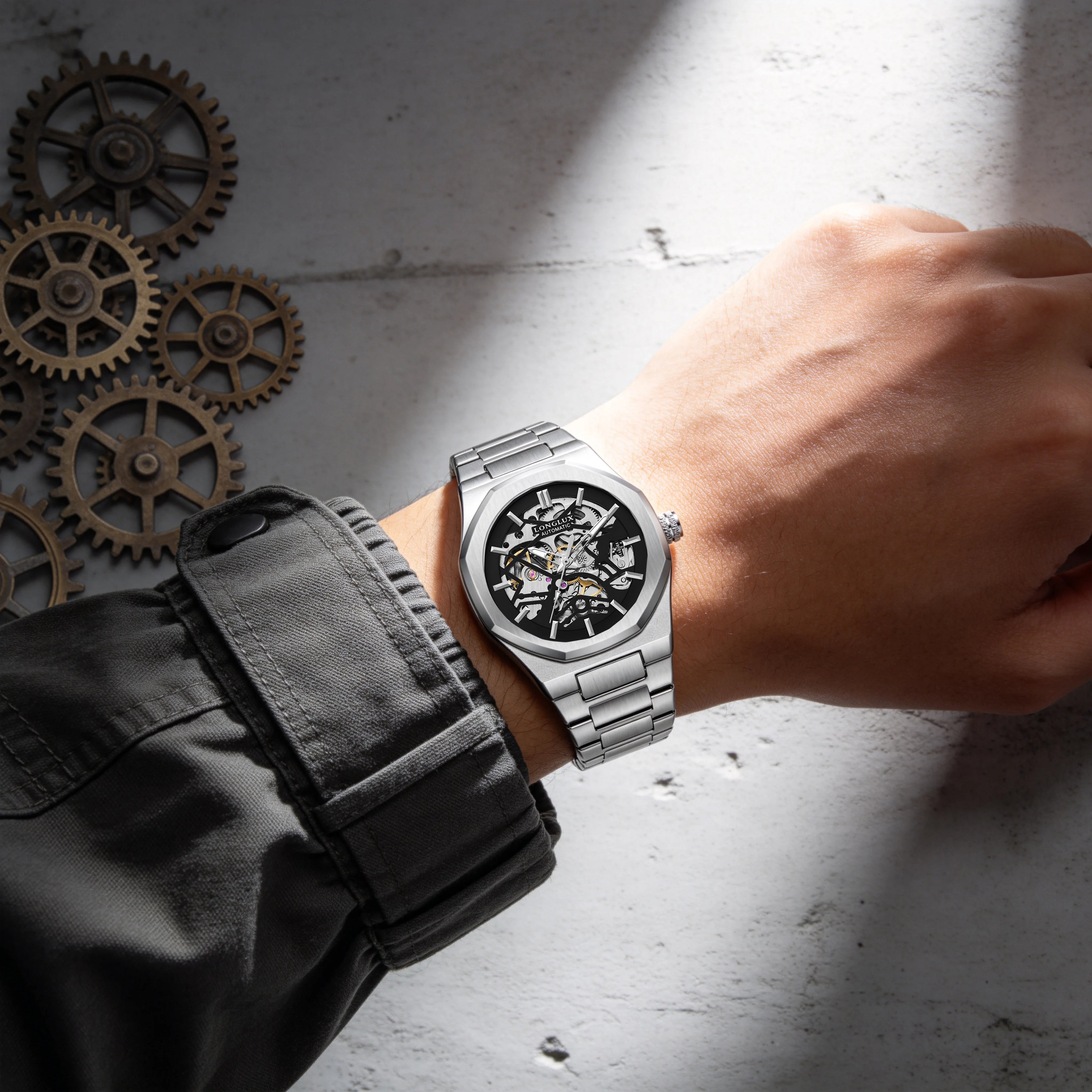 Montre Mécanique Homme LONGLUX 6269K2 – Squelette Automatique, Acier & Style Alien