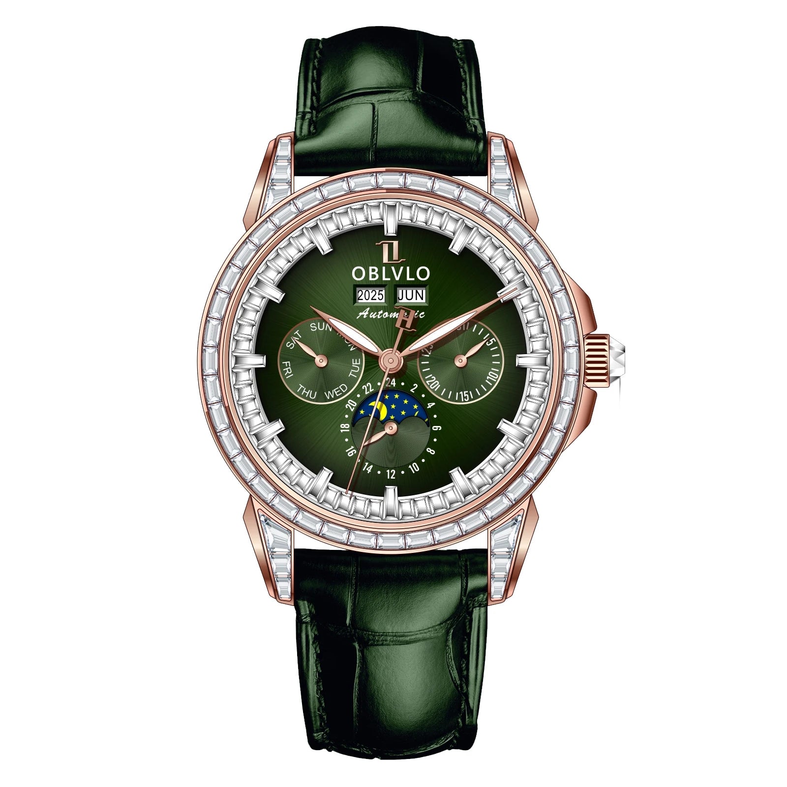 Montre Automatique Phase de Lune | Zircon Multicolore Bracelet Cuir – CLEVI Paris