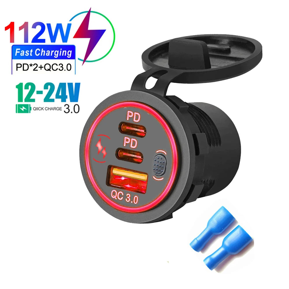 Prise Chargeur USB Voiture 78W PD3.0 QC3.0 Double Port USB-C Étanche LED 12V/24V – CLEVI Paris