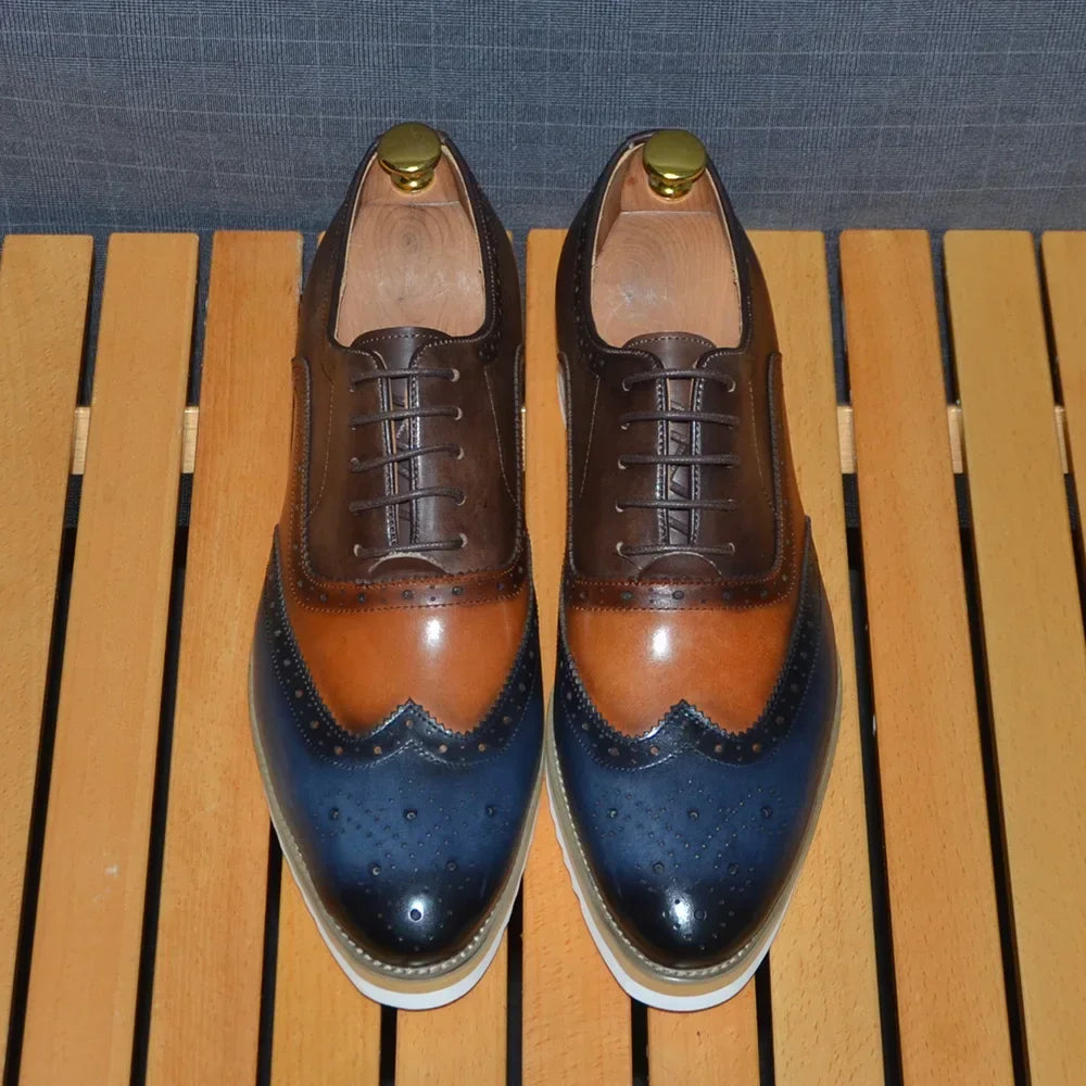 Oxford Wingtip Brogue Homme Cuir de Vache Coutures 3 Couleurs Talon 3,5cm | EU 38-46