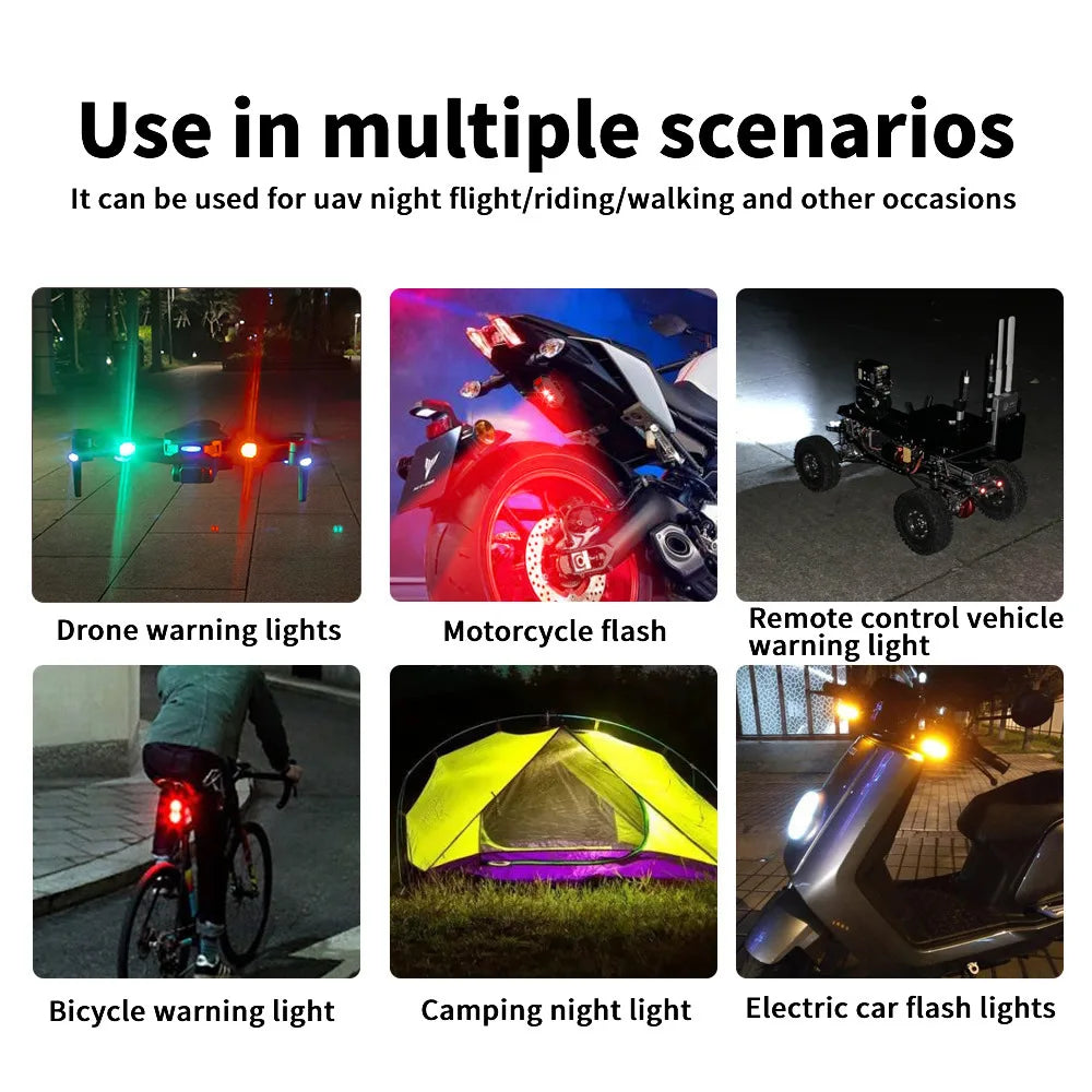 Feux Stroboscopiques LED 7 Couleurs USB – Anti-Collision, 30 Modes, 8h Autonomie – Moto, Vélo & Drone – CLEVI Paris
