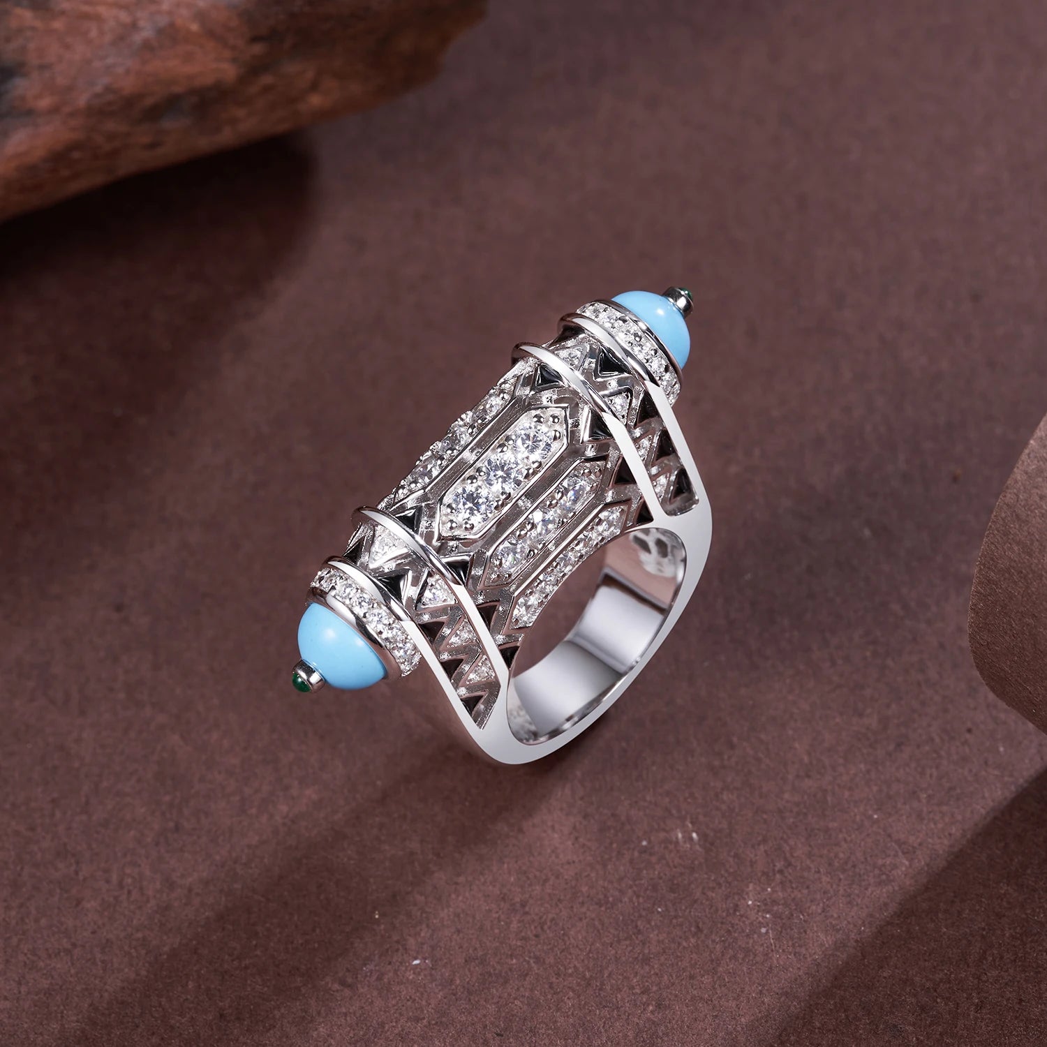 Bague Alliance Saphir Lab & Turquoise | Diamant Haute Carbone Argent 925 – CLEVI Paris