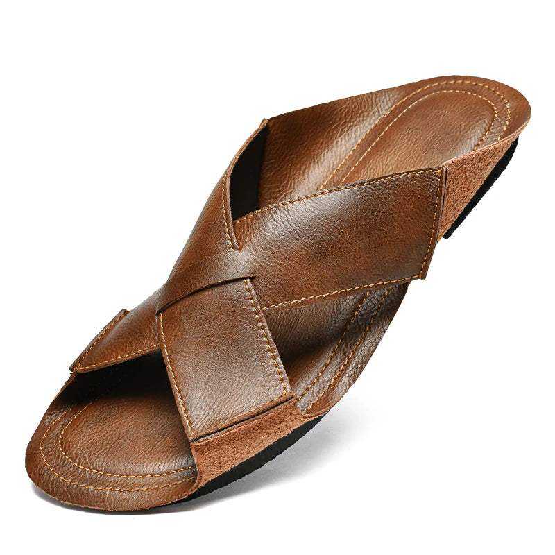 Sandales Homme Été – Cuir Fendu Plissé, Open-Toe, Slides Plage & Outdoor | Marron ou Noir