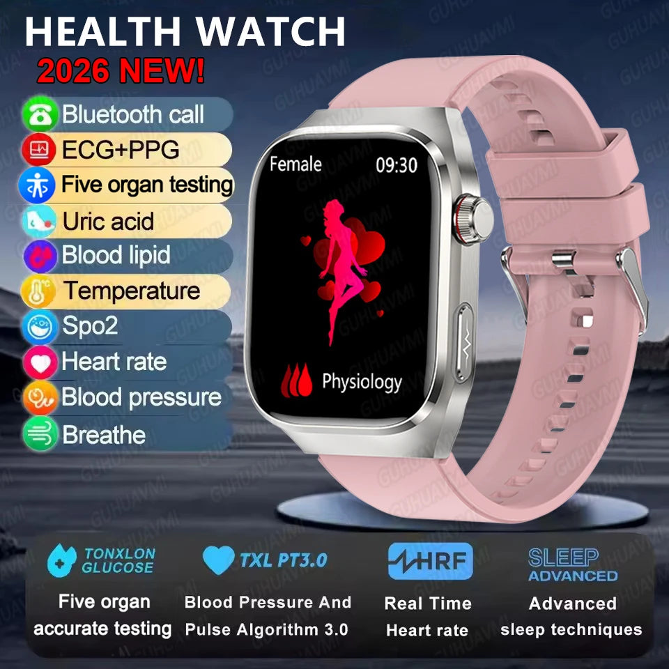 Montre Connectée Santé ECG Acide Urique IMC 5 Organes | AMOLED Verre Saphir IP68