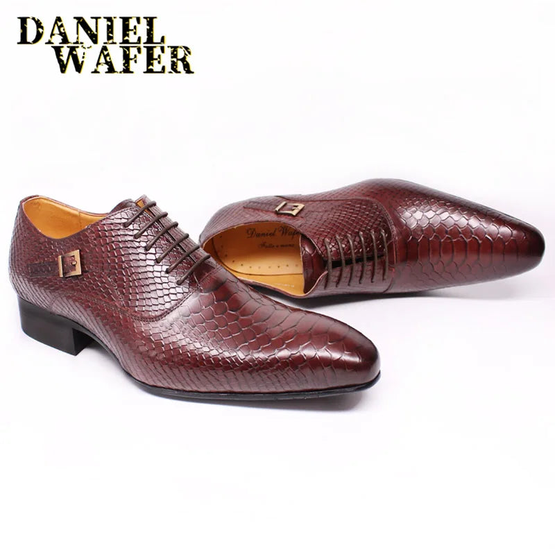 Oxford Homme Cuir Imprimé Serpent Bout Pointu Lacets Business Mariage 4 Coloris – CLEVI Paris