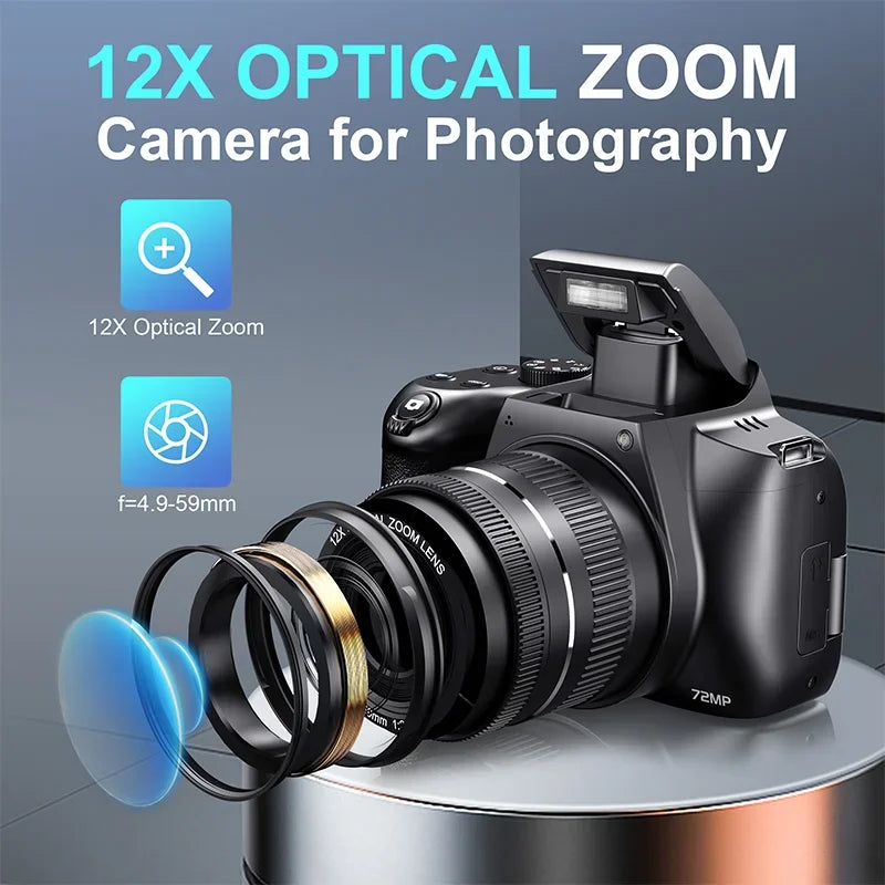 Appareil Photo Numérique Renear 4K – 72MP, Zoom 12x, Écran Rotatif, WiFi, Fill-in, Webcam, Vlogging & Live – CLEVI Paris