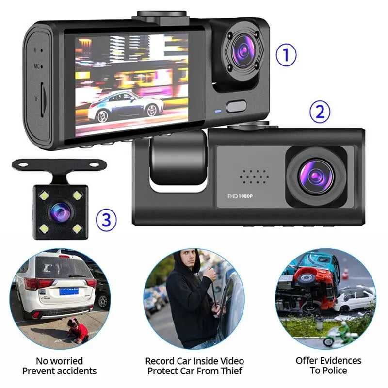 Dashcam 1080p Double & Triple Objectif – Vision Nocturne IR, Enregistrement en Boucle, Grand Angle – CLEVI Paris