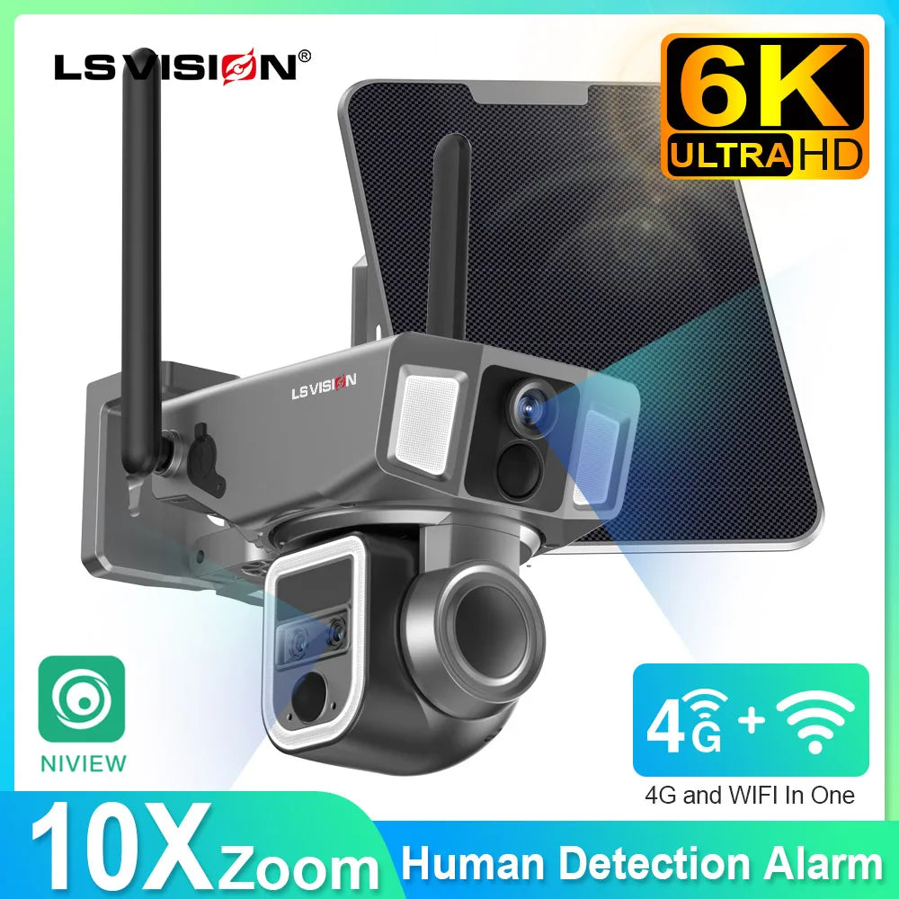 Caméra Solaire Extérieure LS VISION 12MP 6K Triple Objectif Zoom 10x 4G Wi-Fi PTZ IP66 – CLEVI Paris