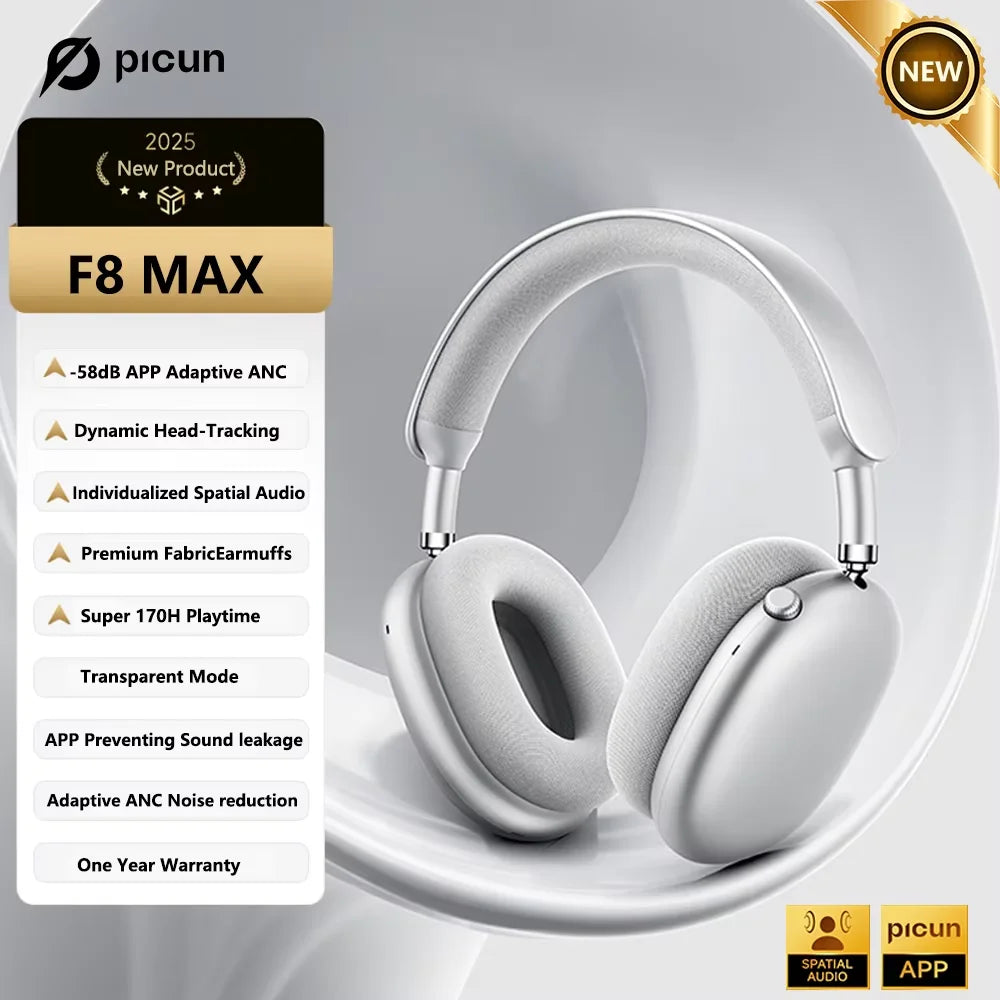 Casque Picun F8 Pro ANC -52dB Spatial 3D Head Tracking BT 5.4 140h 5 Micros ENC – CLEVI Paris