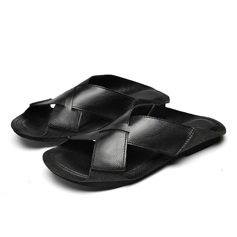 Sandales Homme Été – Cuir Fendu Plissé, Open-Toe, Slides Plage & Outdoor | Marron ou Noir